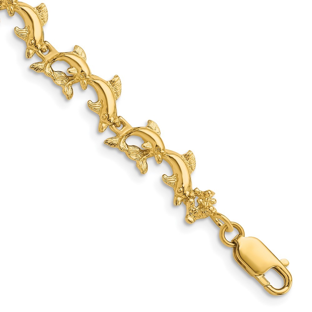 14k Yellow Gold Dolphin Nautical Sea Life Charm Link Bracelet, 7.25 inch Length